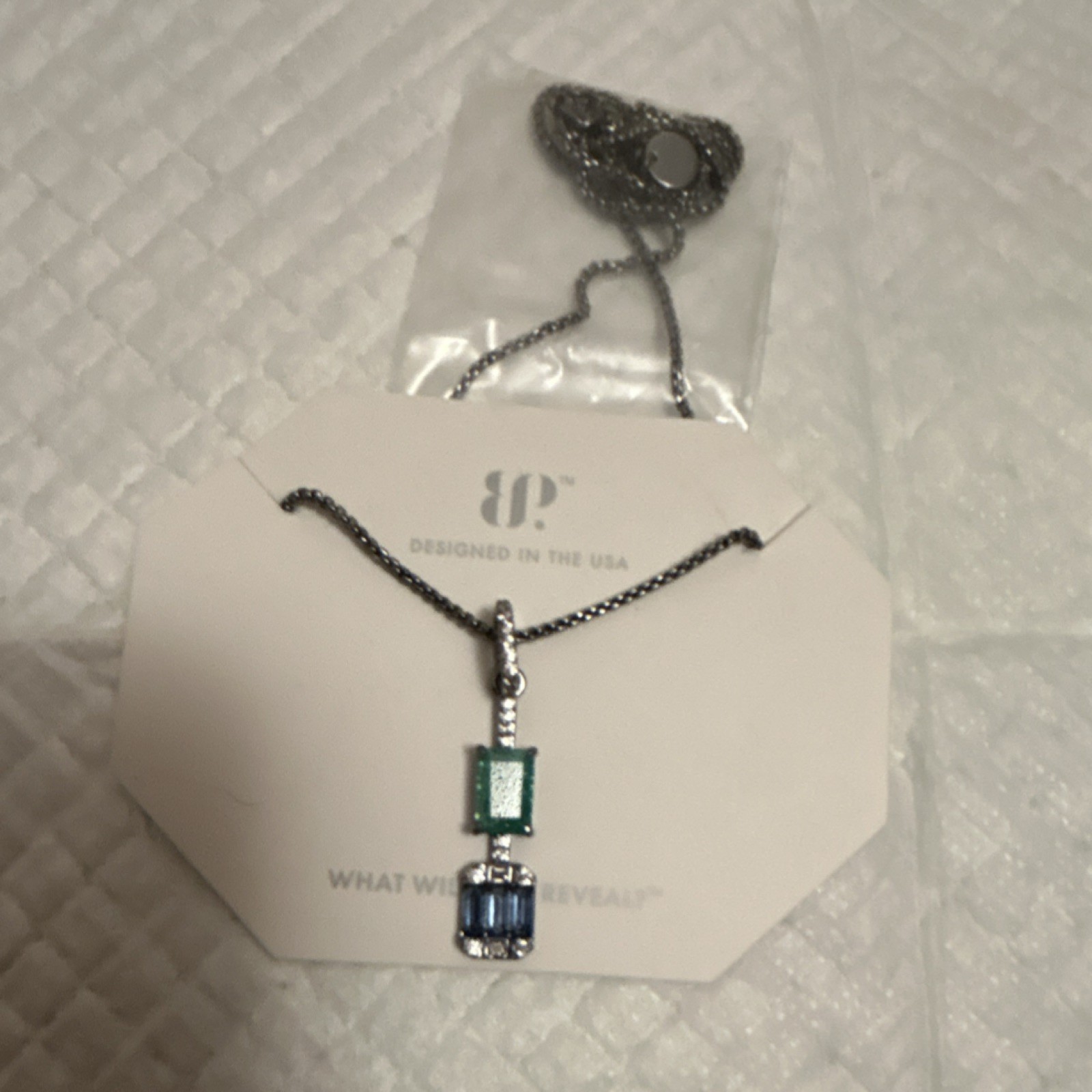 BP Pendant Necklace Hematite Lab Created Emerald Blue Zircon Removable 18″