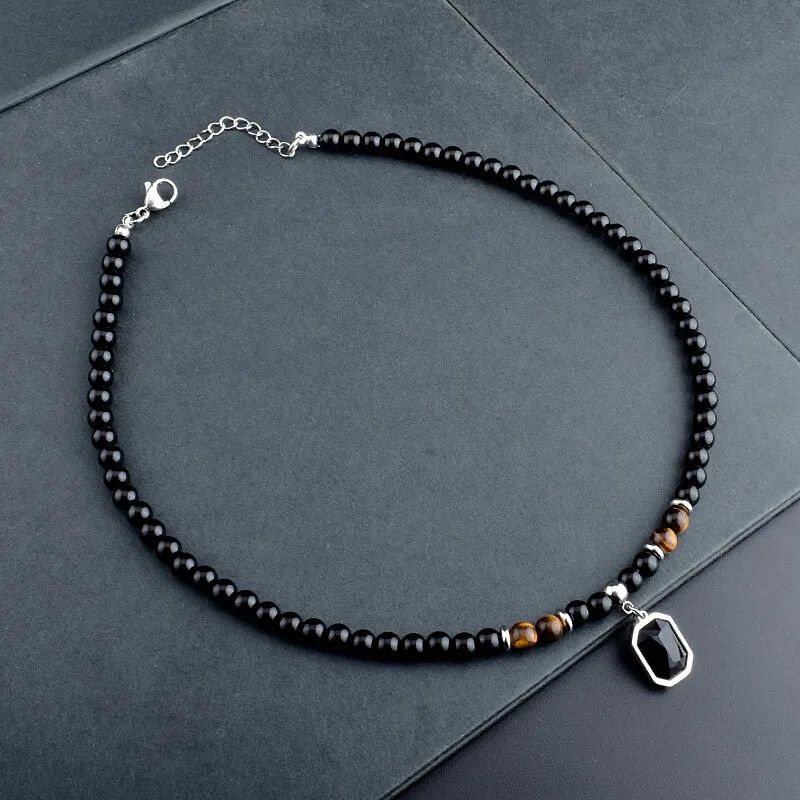Stainless Steel Tiger Eye Black Crystal Pendant Necklace Men Personality Fashion