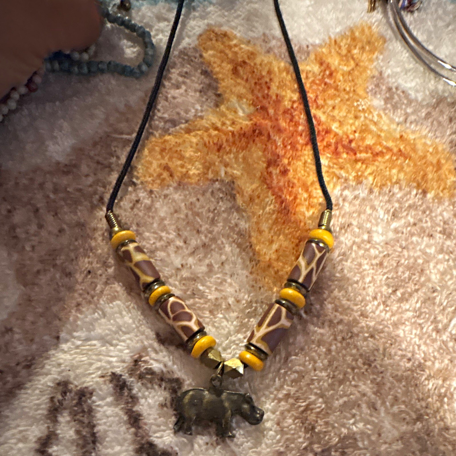 Elephant Charm Pendant Beaded Cord Necklace, Brown Yellow Black, No Stone