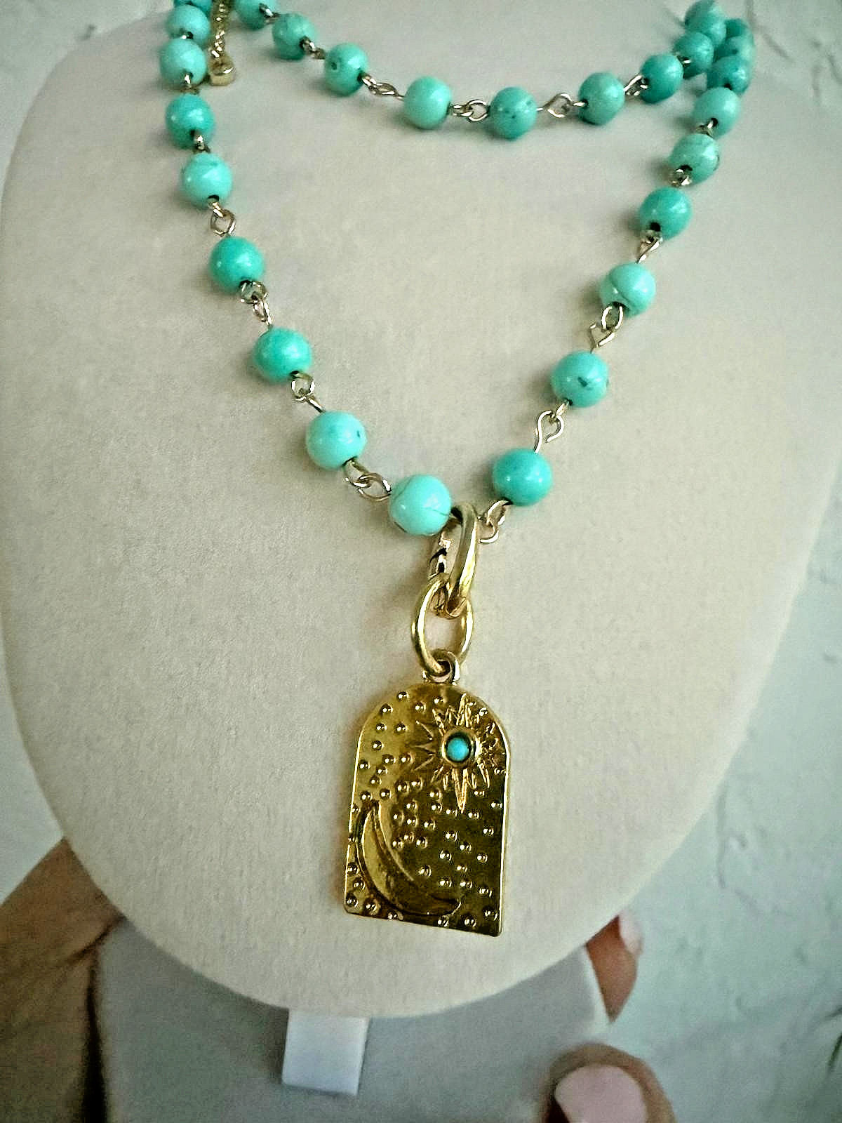 Turquoise Beaded Necklace Gold Celestial Moon Sun Pendant Statement Boho