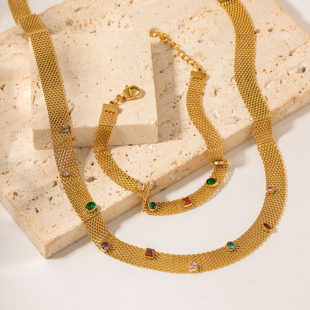 SET Woman 18k Gold Plated Multicolor CZ Mesh Braided Necklace Chain/Bracelet