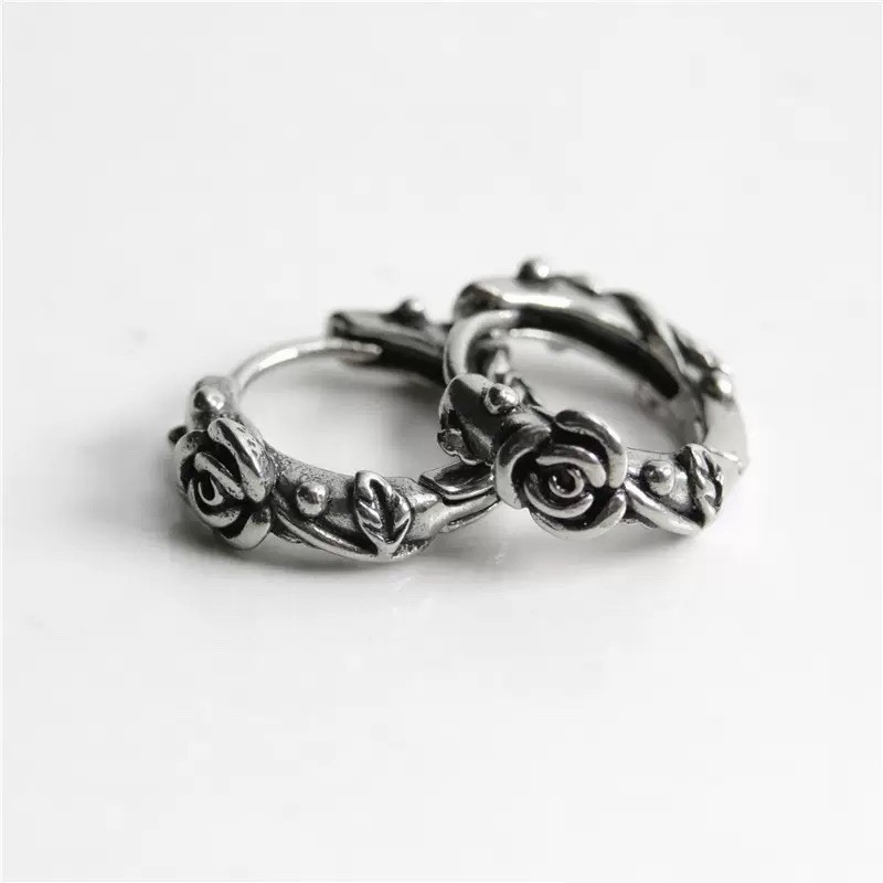 10mm Vintage Rose Huggie Hoop Earrings 925 Silver Floral Lobe & Cartilage 458