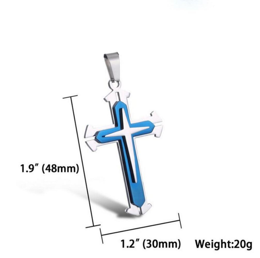 Vintage Cross Pendant Necklace BLUE & Gold Stainless Steel Alloy Unisex Crucifix