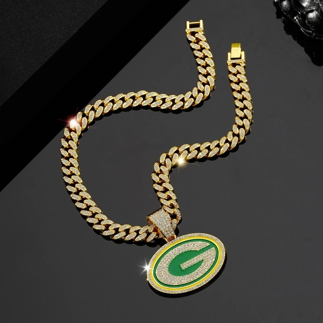 GREEN BAY PACKERS GEM NECKLACE Gold Bling NFL Football Pendant & 24″ Chain
