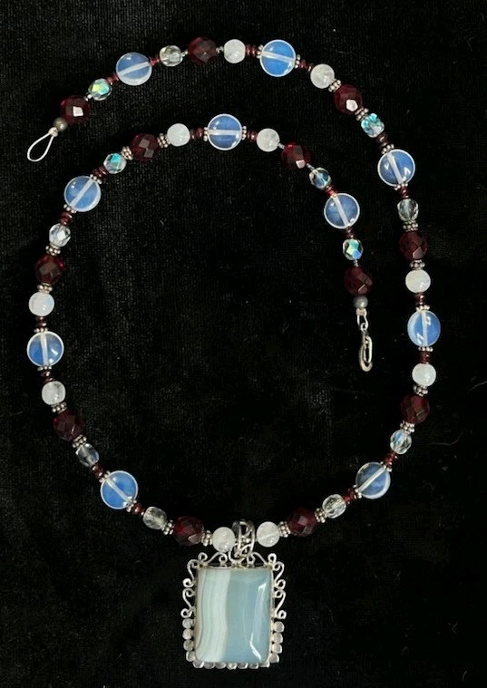 Moonstone, Garnet, Opalite, necklace w/ pendant 20″ Handmade, Great gift 💜