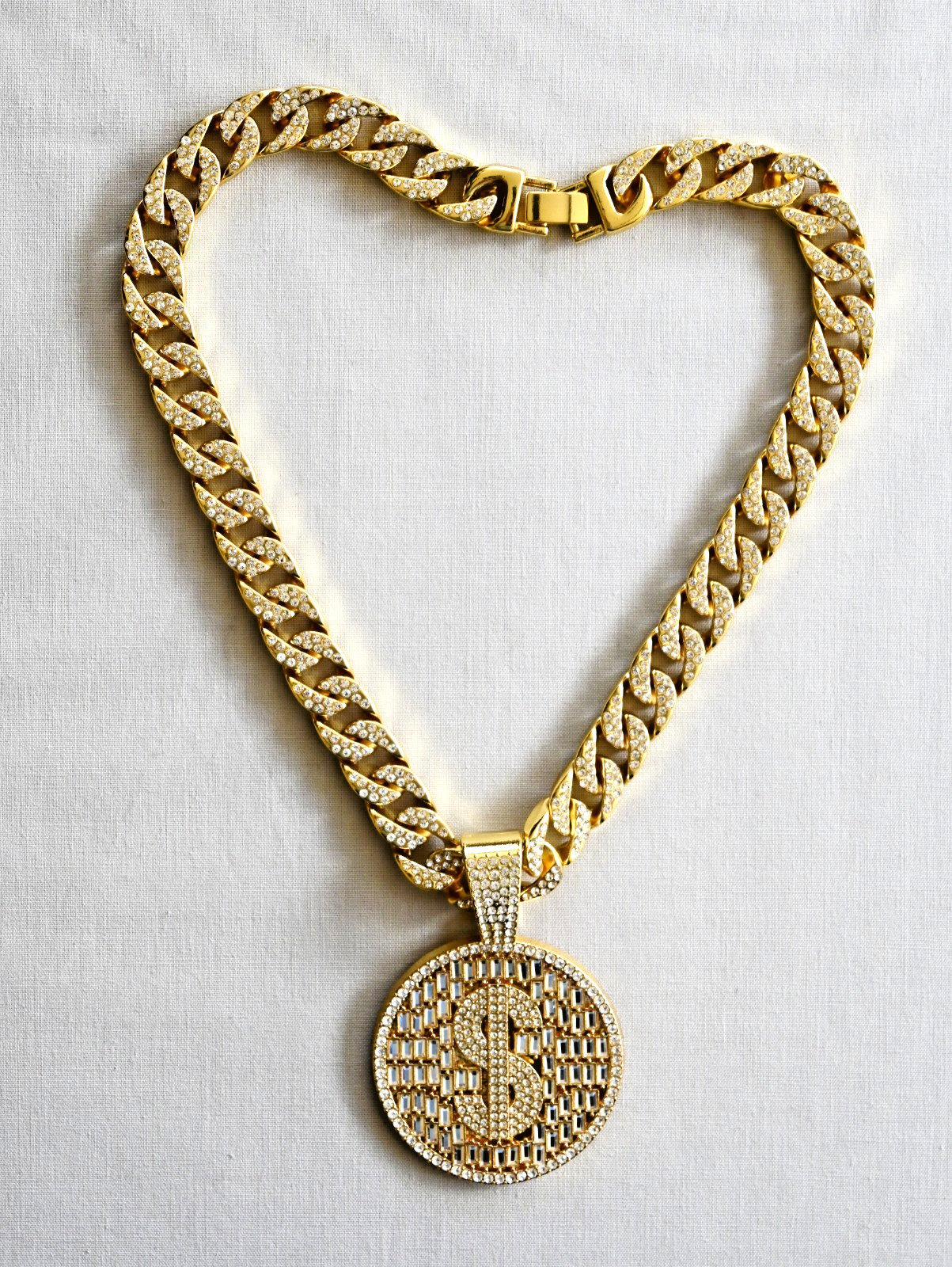 $ Dollar Sign Hip Hop Iced Baguette Pendant Crystal Cuban Chain Bling Necklace