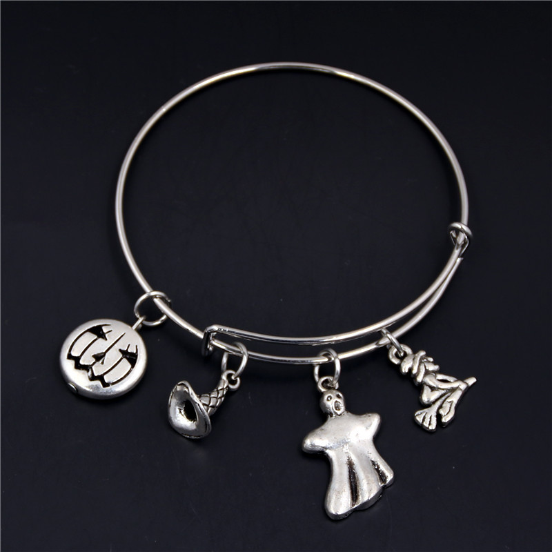 Cute Antique Silver Halloween Pumpkin/Hat/Ghost/Witch Expandable Bangle Bracelet