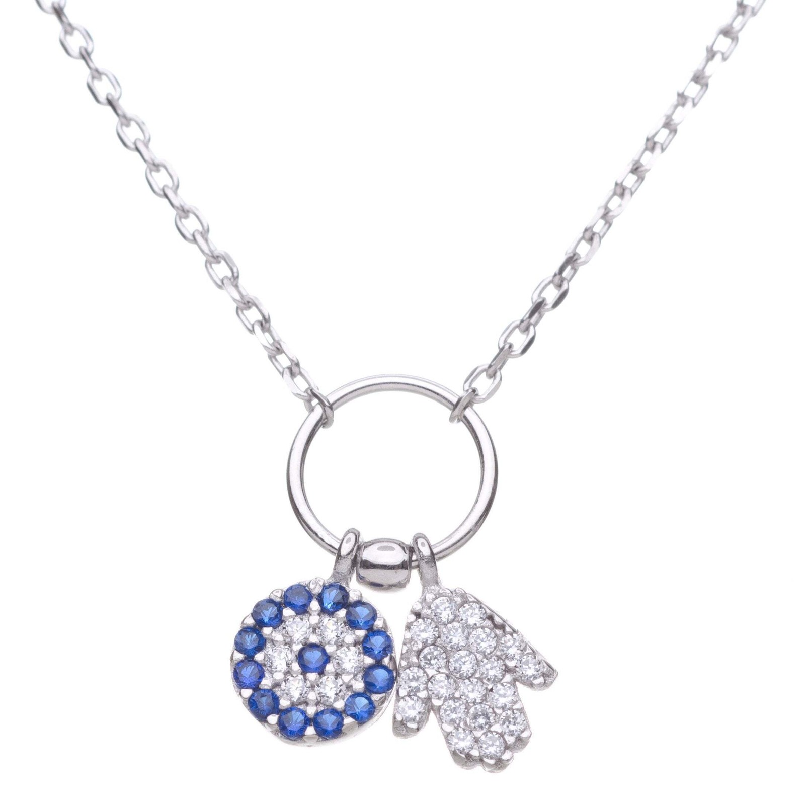Hamsa Evil Eye Protection Necklace 925 Sterling Silver CZ Double Charm