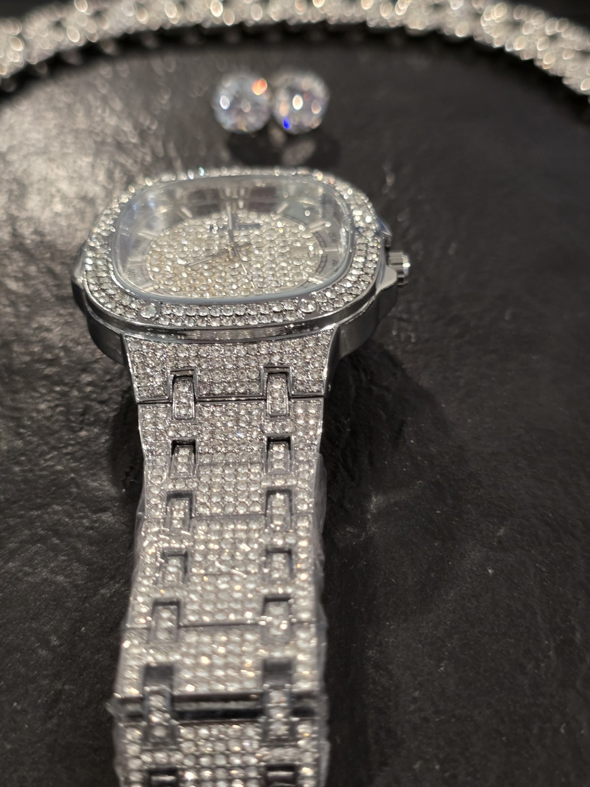 Father’s Day Drip Tray: 15mm Iced Out Cuban 30″ Chain/10mm Stud/42mm Watch SET