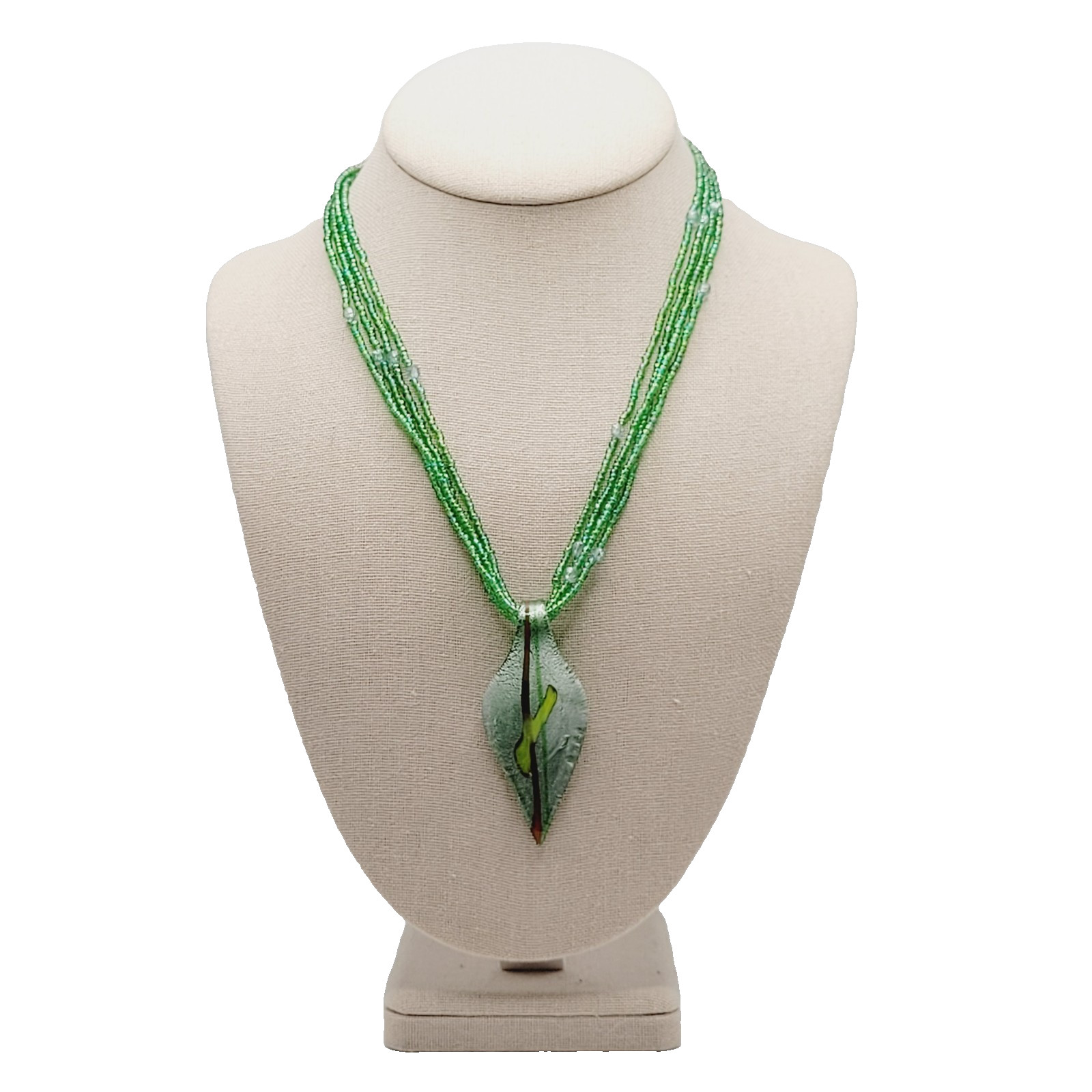 Green Art Glass Pendant Iridescent Seed Bead Multi Strand Necklace Vtg Y2K Era