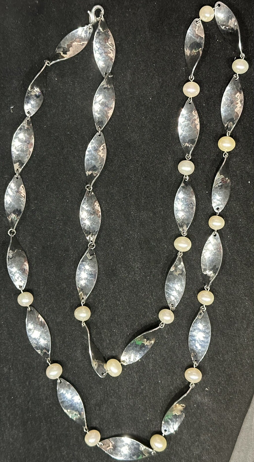 Faux Pearl & Silver Tone Hammered Beads Necklace – 36” Long – Lightweight