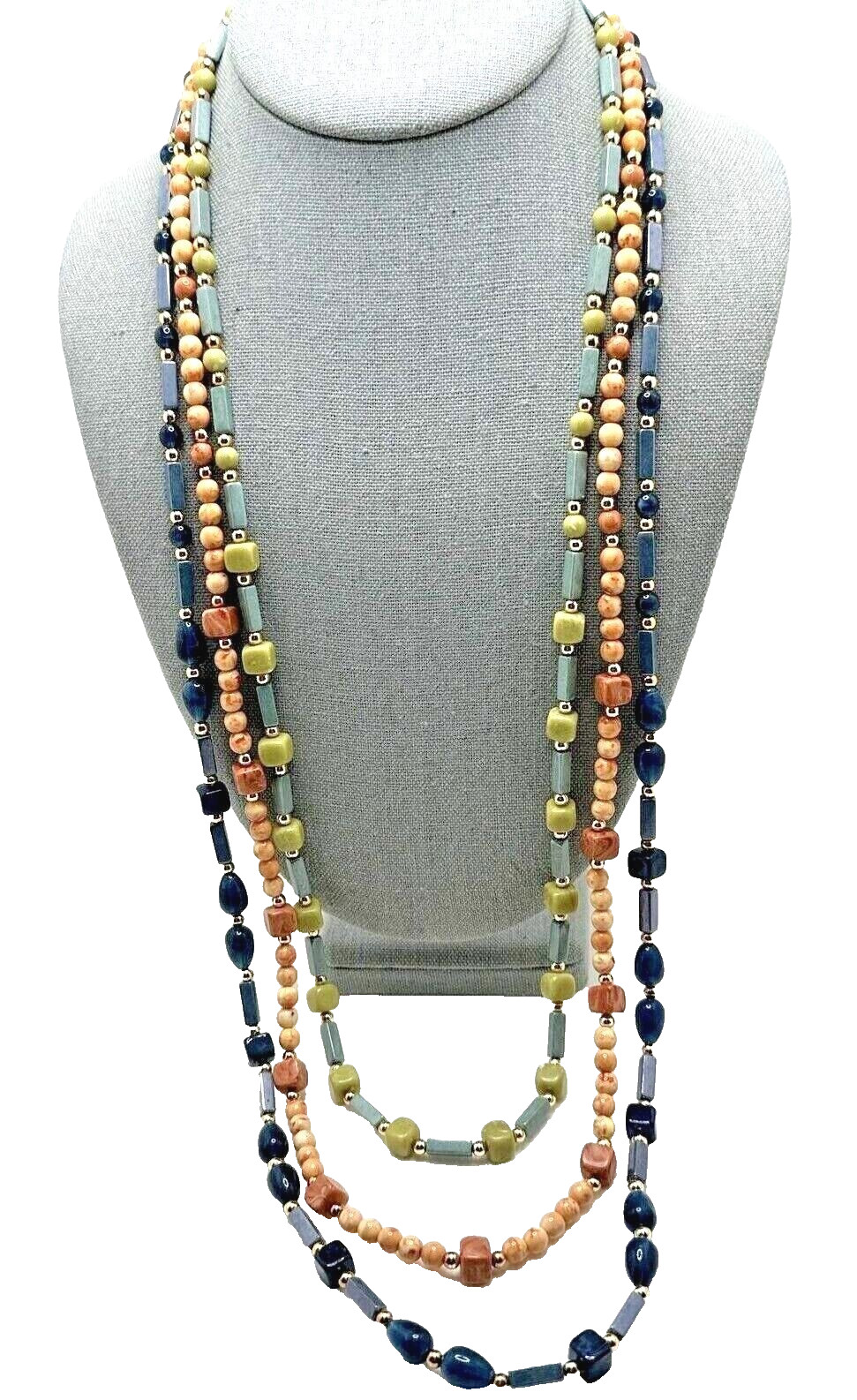 LIZ CLAIBORNE Multi Strand Beaded Necklace Blue Green Orange 34″ Statement Long