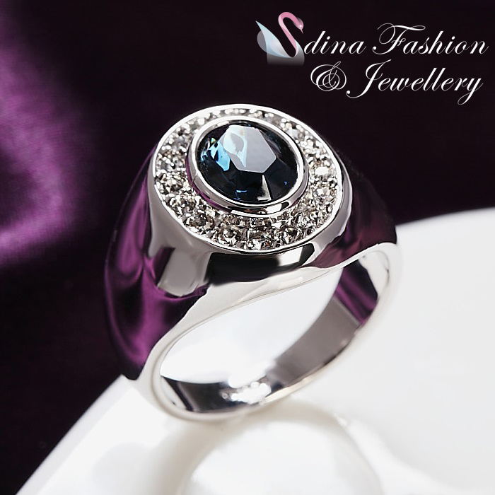 18K White Gold Plated Made With Swarovski Crystal Oval Cut Blue Men’s Ring