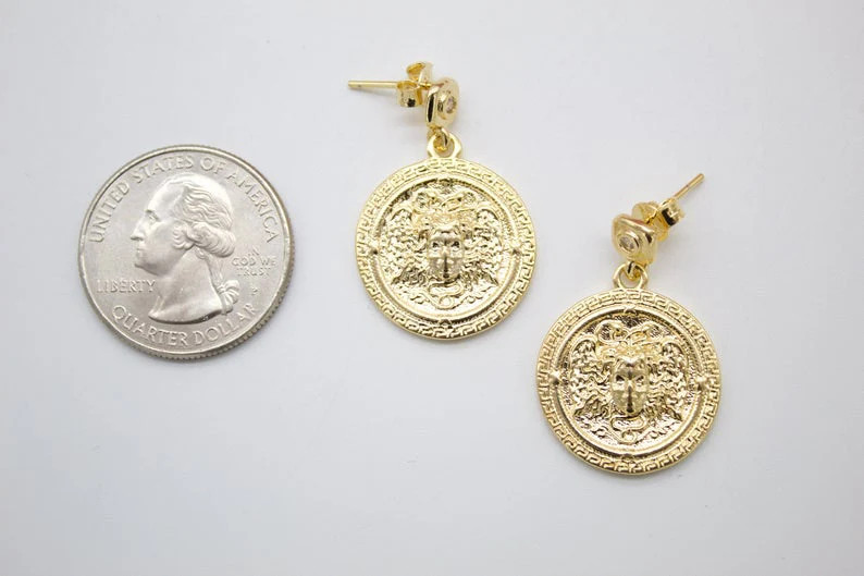 18K Gold Filled Medusa Dangle Charm Stud Earrings (K179)