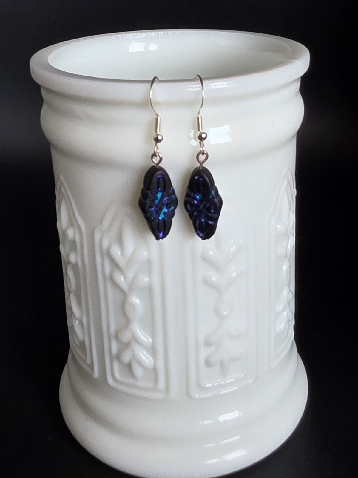 Czech Blue Iridescent Beautiful Diamond Shaped Glass Earrings Handcrafted