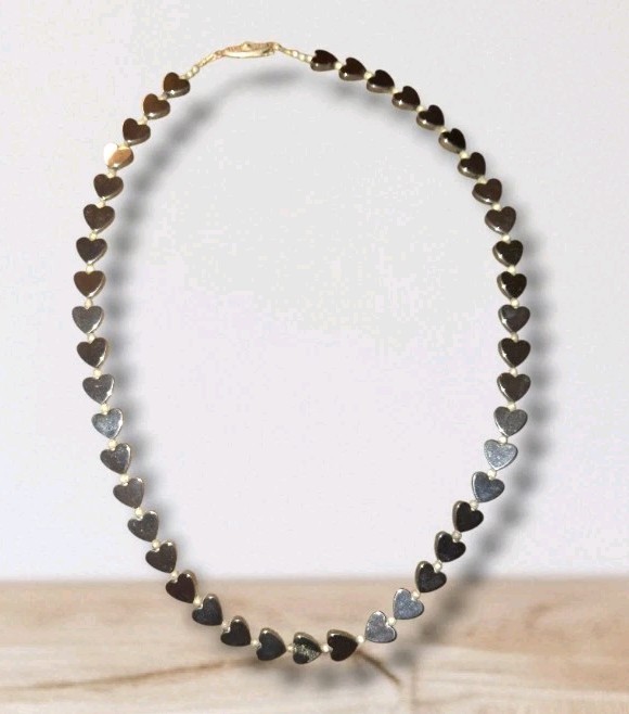 Heart Shaped Hematite Gemstone Bead Necklace Vtg FishHook Clasp