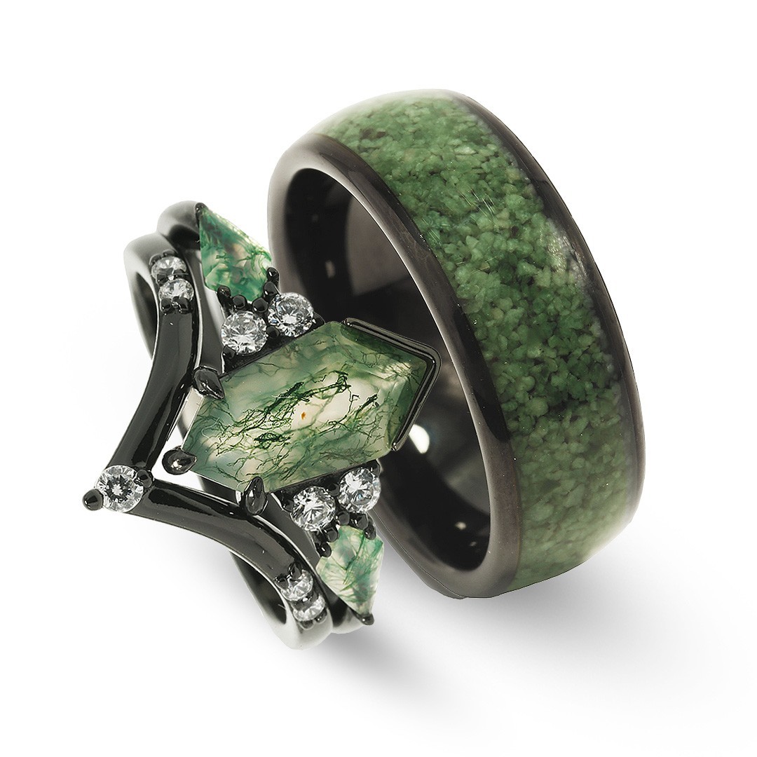 Viridescent Bond – Moss Agate & Black Tungsten His & Hers Couples Rings