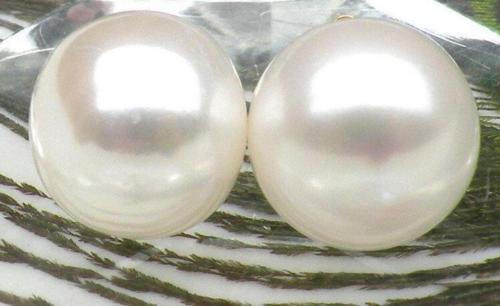 Huge 14-15mm AAA++ white south sea natural pearl earrings 14k yellow gold STUD