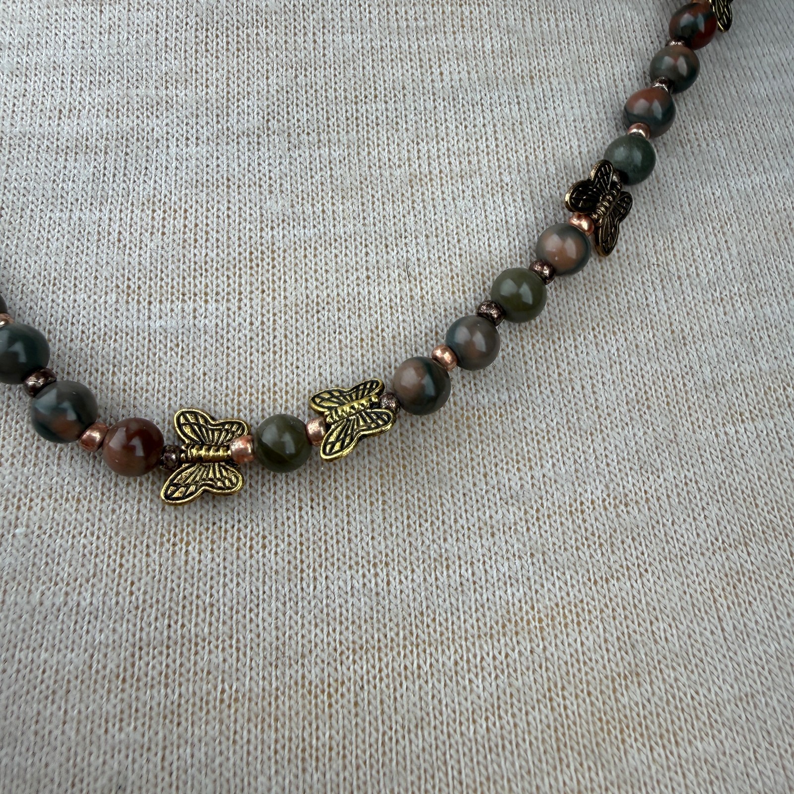 Brown Stone with Copper Butterfly Spacer Beads Necklace 21″