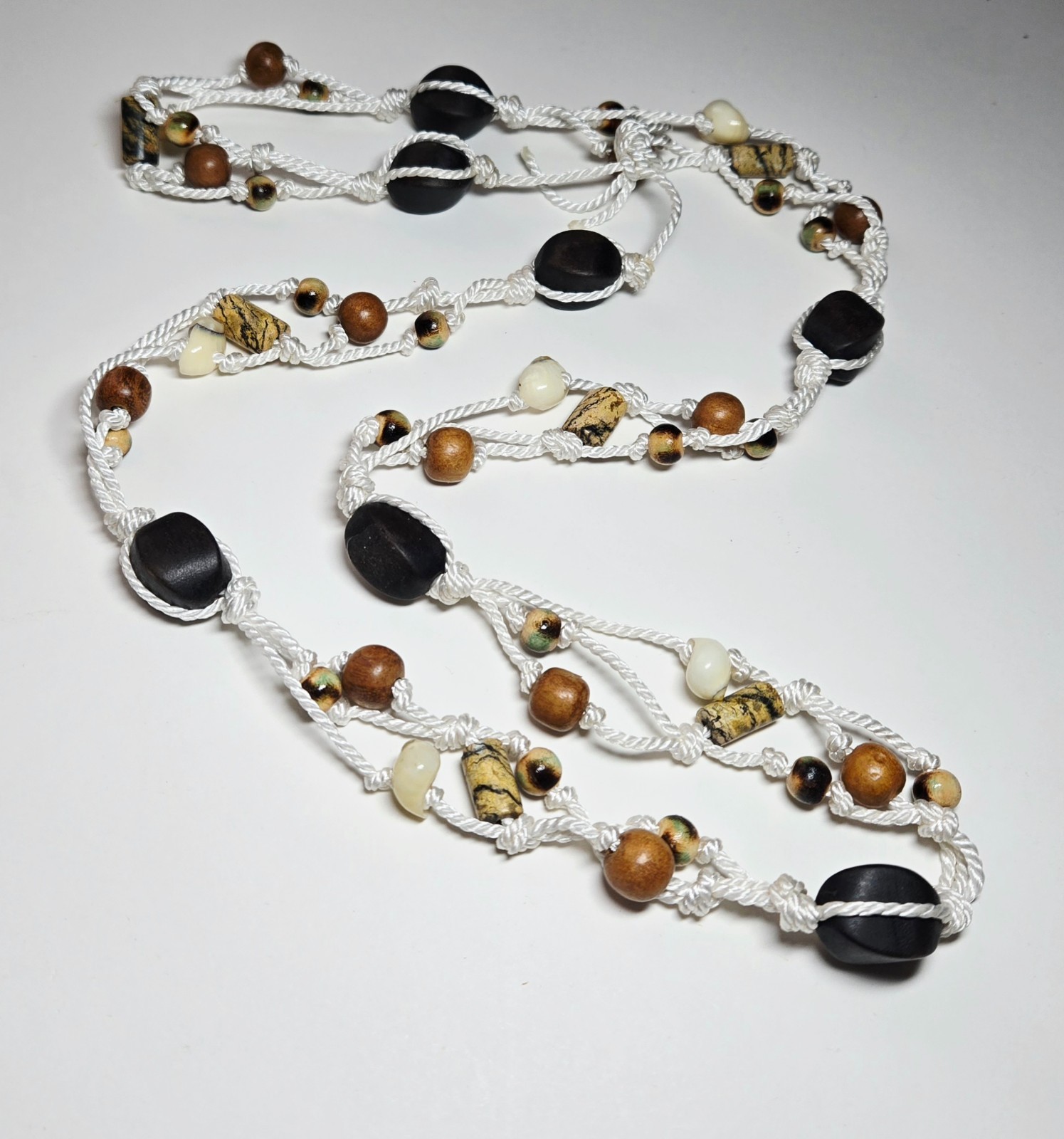 Boho Beaded Necklace Bulk Lot 20 pcs Handmade Cord Wood Bead Long Necklace Natur