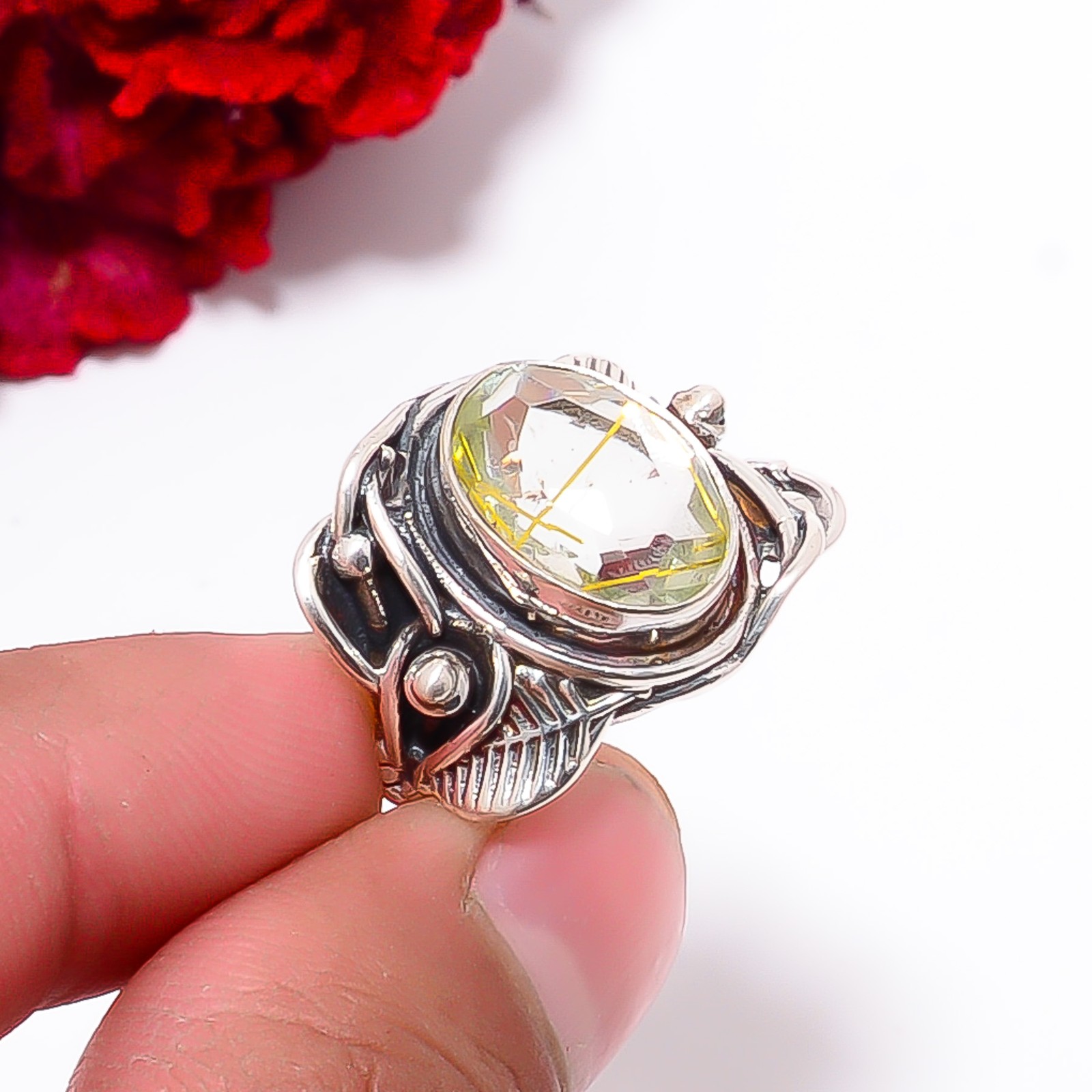 Golden Rutilated Quartz Handmade Oxidised 925 Sterling Silver Ring S.6 R97923