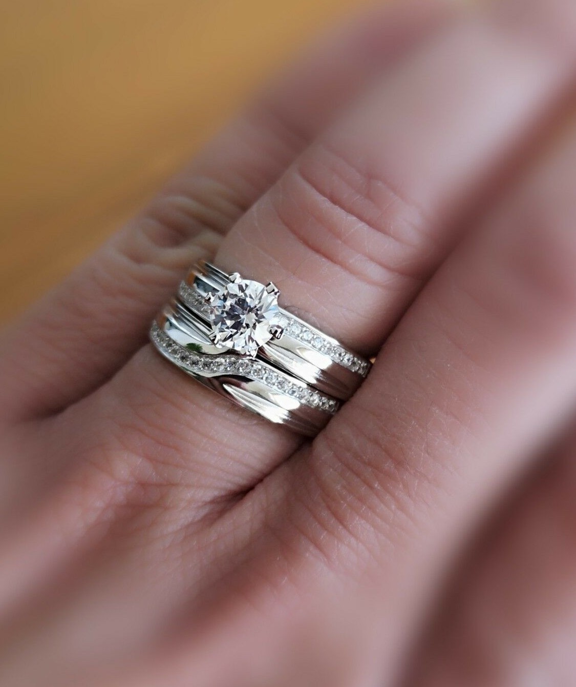 Engagement Ring and Wedding Band Set 14K Gold Plated White Simulated Diamond