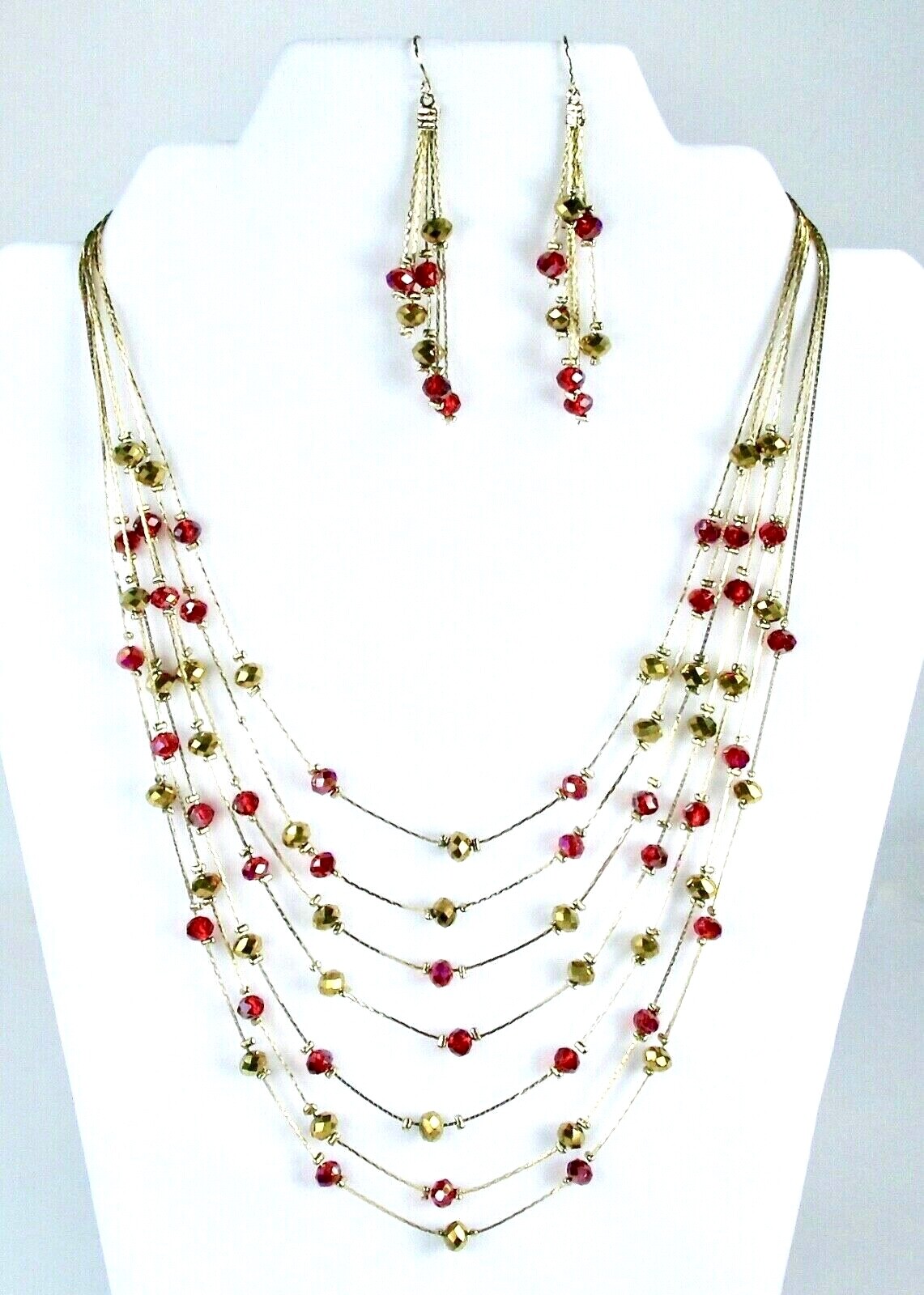 Red Gold Aurora Borealis Necklace Earring Set Glass Beads Hat Society Lady