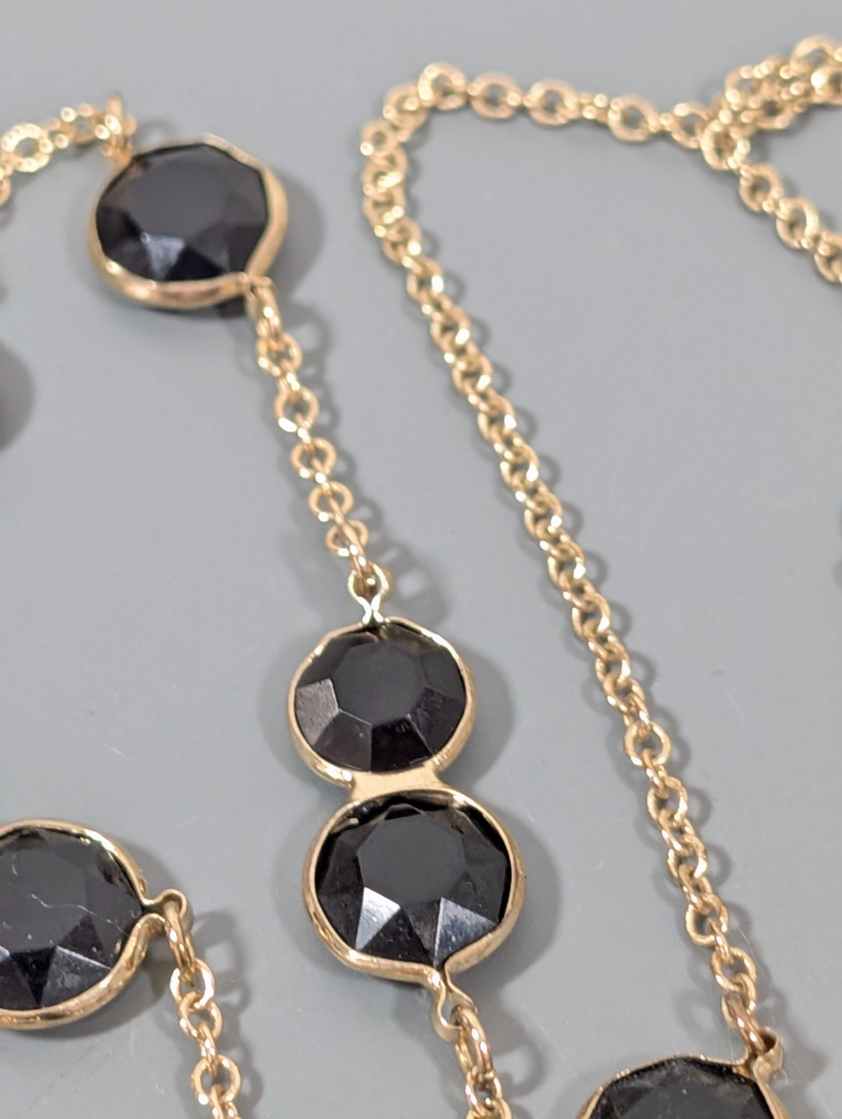 Retro Black Bezel Station Gold Tone Chain Long Necklace Elegant 35 in