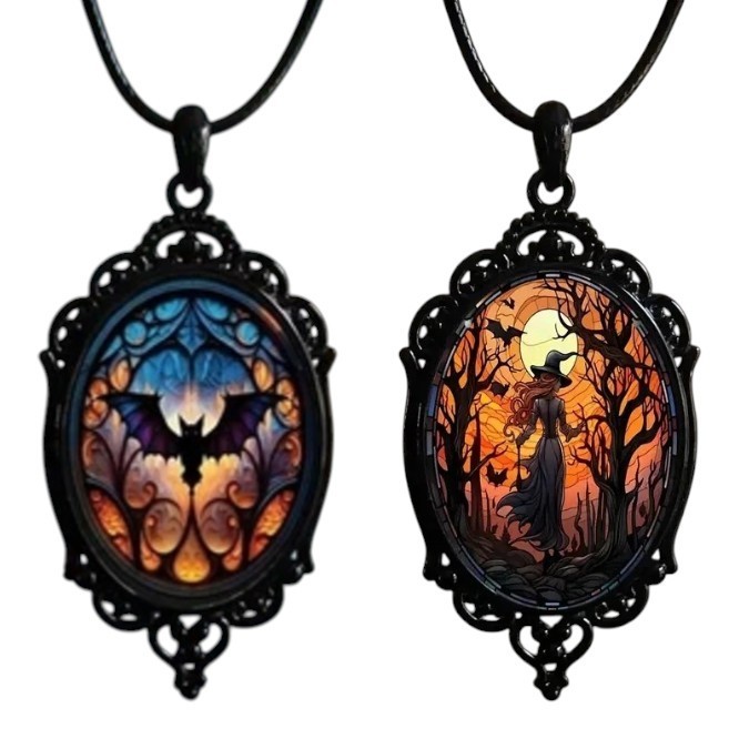 2pc Set Gothic Halloween Bat & Witch Pendant Necklaces Party Jewelry Gift