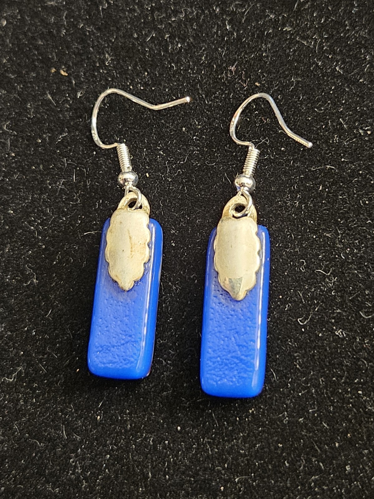 Blue Rectangle Glass & Metal Dangle/Drop Earrings Hook Closure With Stone