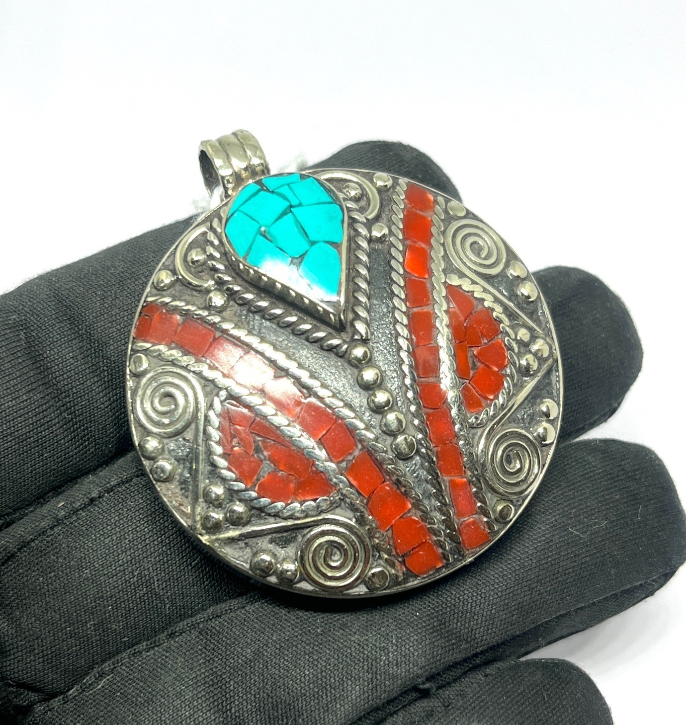 Tibetan Red Coral Turquoise Gemstone Buddhist Prayer Pendant Jewelry, 2.0 inch
