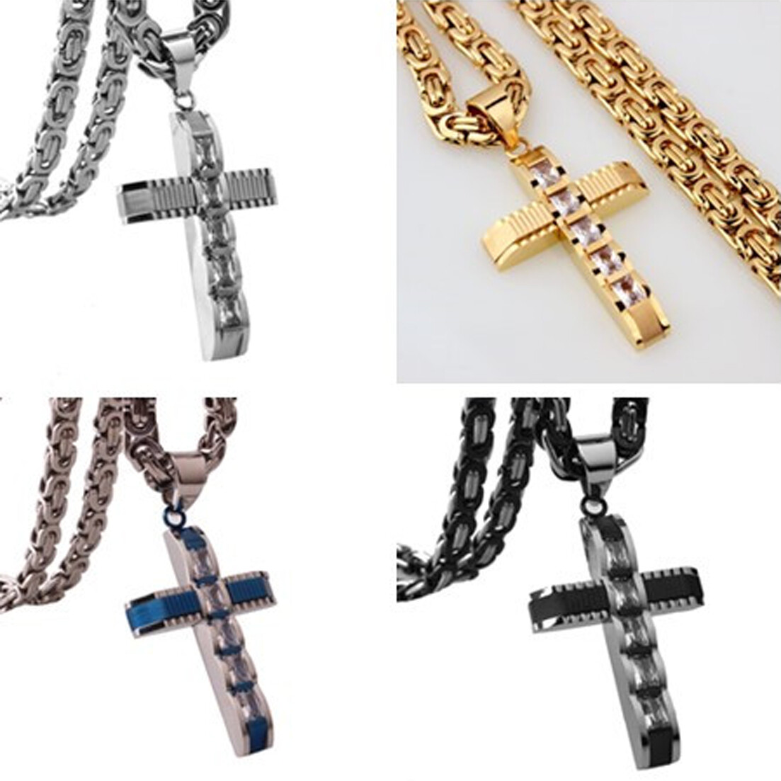 Hot MEN Chain Black Gold Silver Stainless Steel Byzantine Cross Pendant Necklace