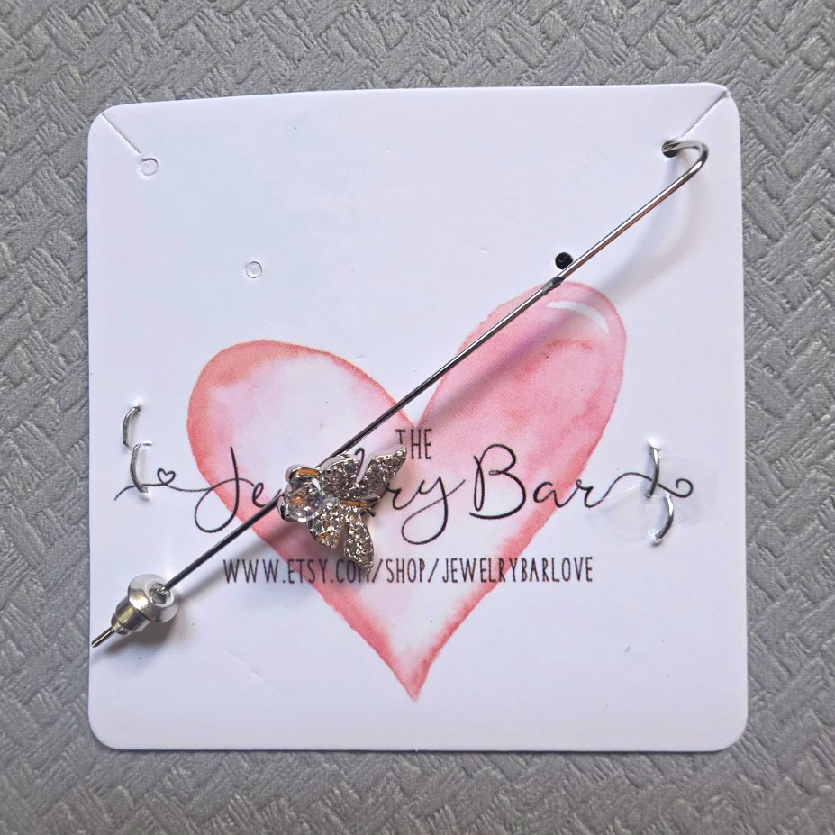 Silver Tone Butterfly With Rhinestones Earring Bar With Detachable Butterfly