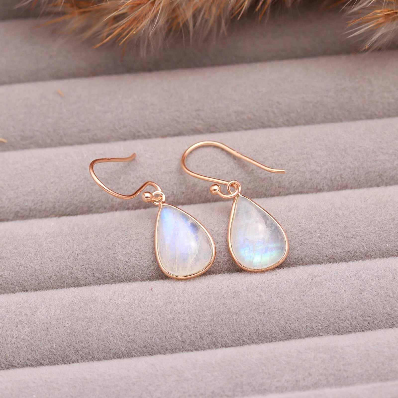 100%Natural Moonstone Pear Dangle Earrings Rose Gold Plated Solid Silver Jewelry