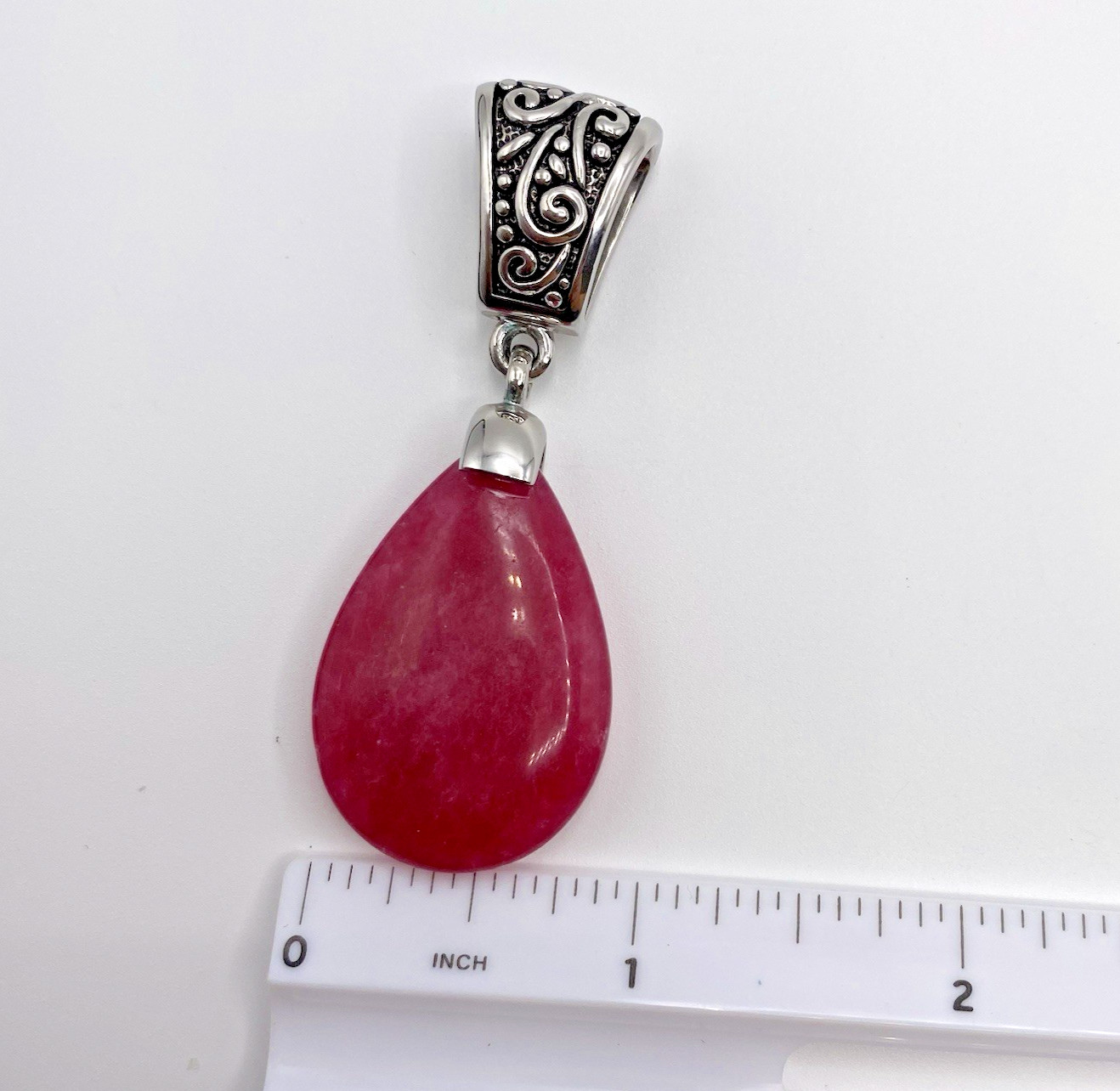 Bali Style Pendant Dark Pink Natural Stone Teardrop Silver-Tone 2.25 inches