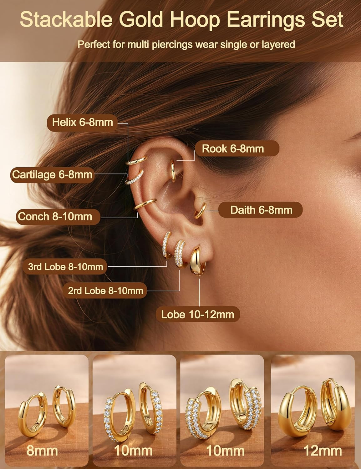 14K Gold Plated Chunky Hoop Earrings for Women Hypoallergenic – 4 Pairs Non Tarn