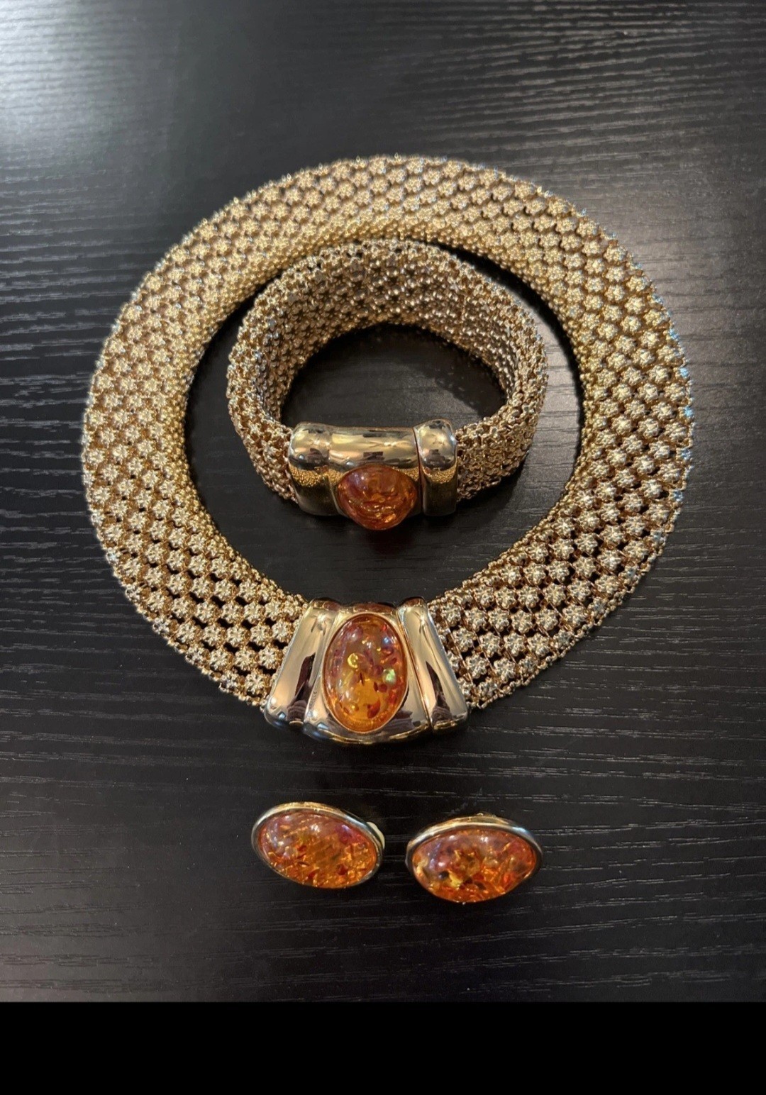 Gold Tone Mesh Necklace Bracelet & Clip-On Earrings Set Oval Orange Cabochons