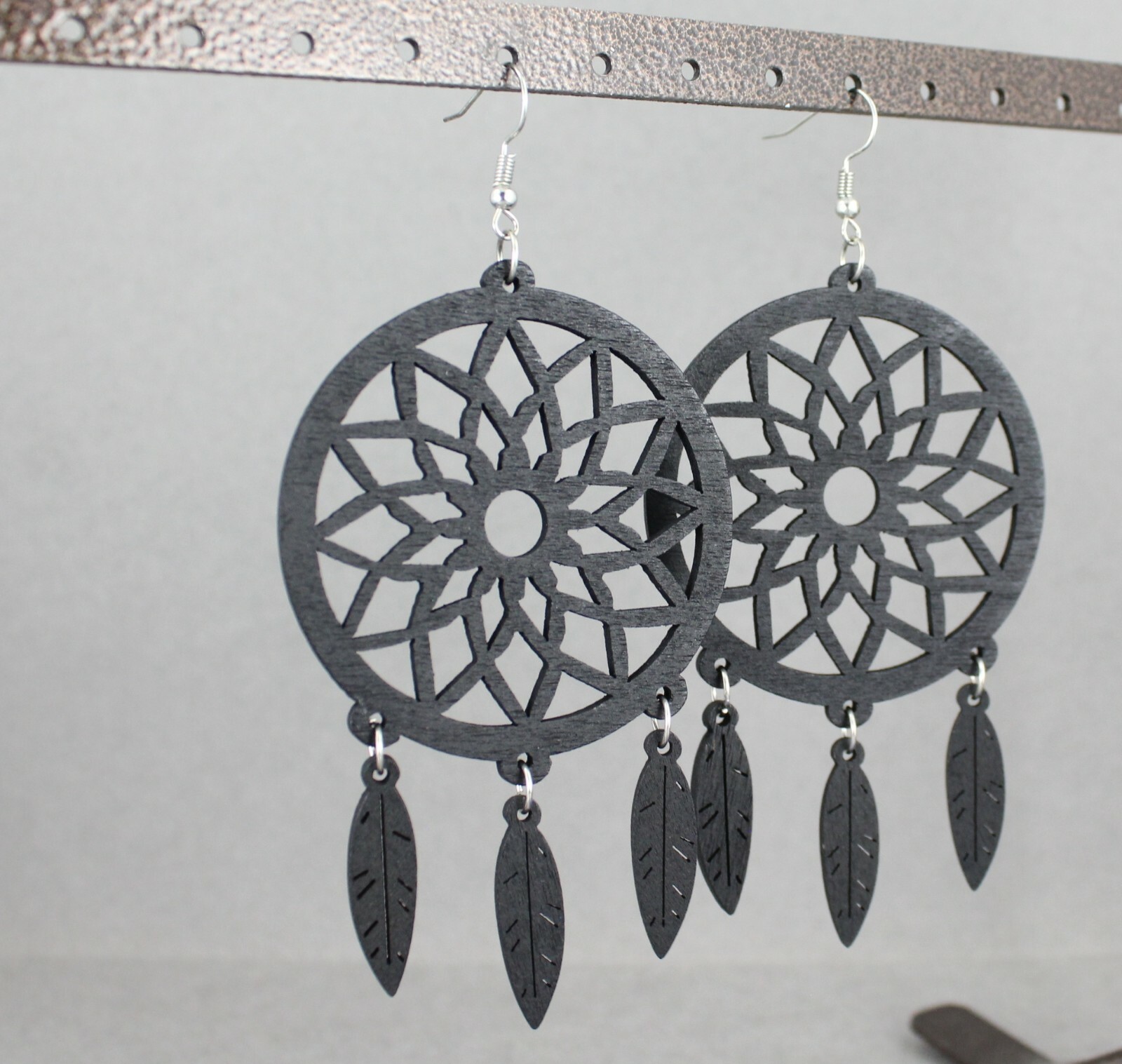 Black wood dream catcher feather earrings big lightweight leaf 4.25″ long