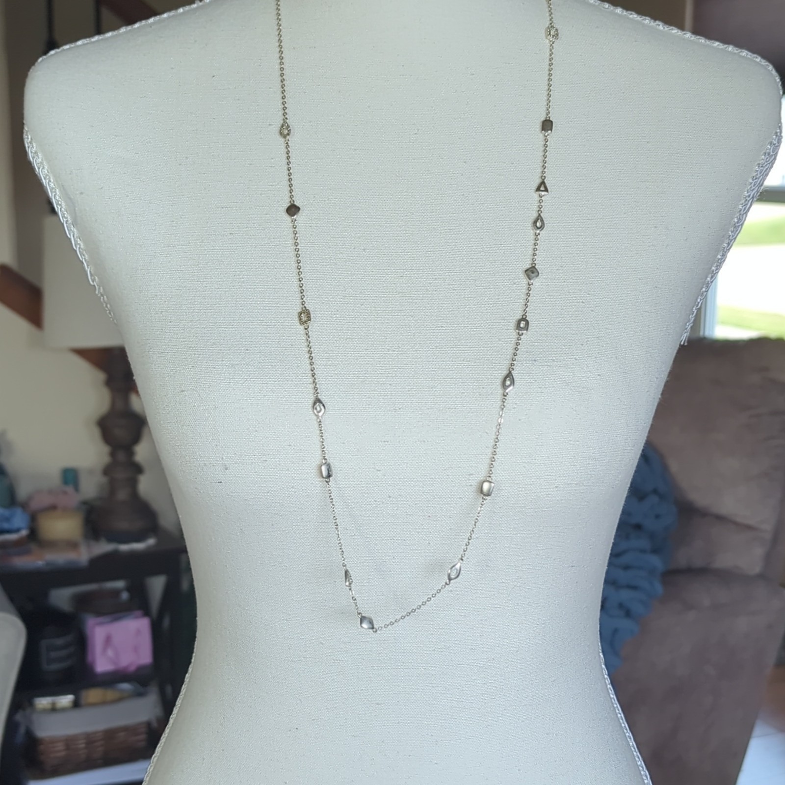 Stella & Dot Silver Tone Station Cable Chain Necklace Geometric Charms Lobster