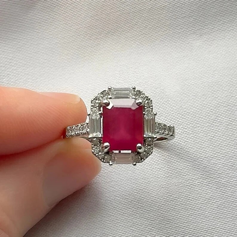3.80 Ct Emerald Cut Natural Ruby Diamond Wedding Ring 14K White Gold