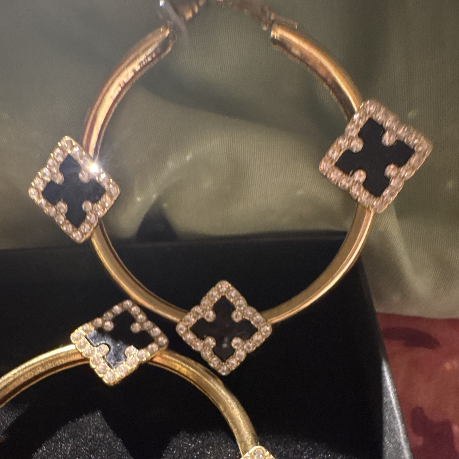 Gold Tone Crystal Clover Station Hoop Earrings Pavé Hinged Hoop Closure