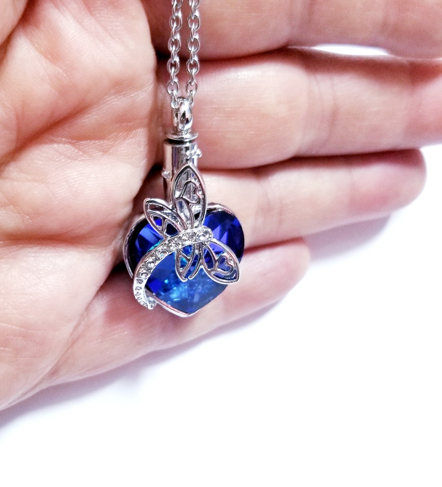 Silver Tone Urn Cremation Memorial Necklace Dragonfly Pendant for Ashes Blue