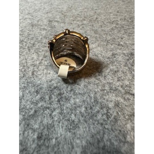 Silver Tone Multi Row Amber and Clear Crystal Statement Ring Size 9 Wide Band