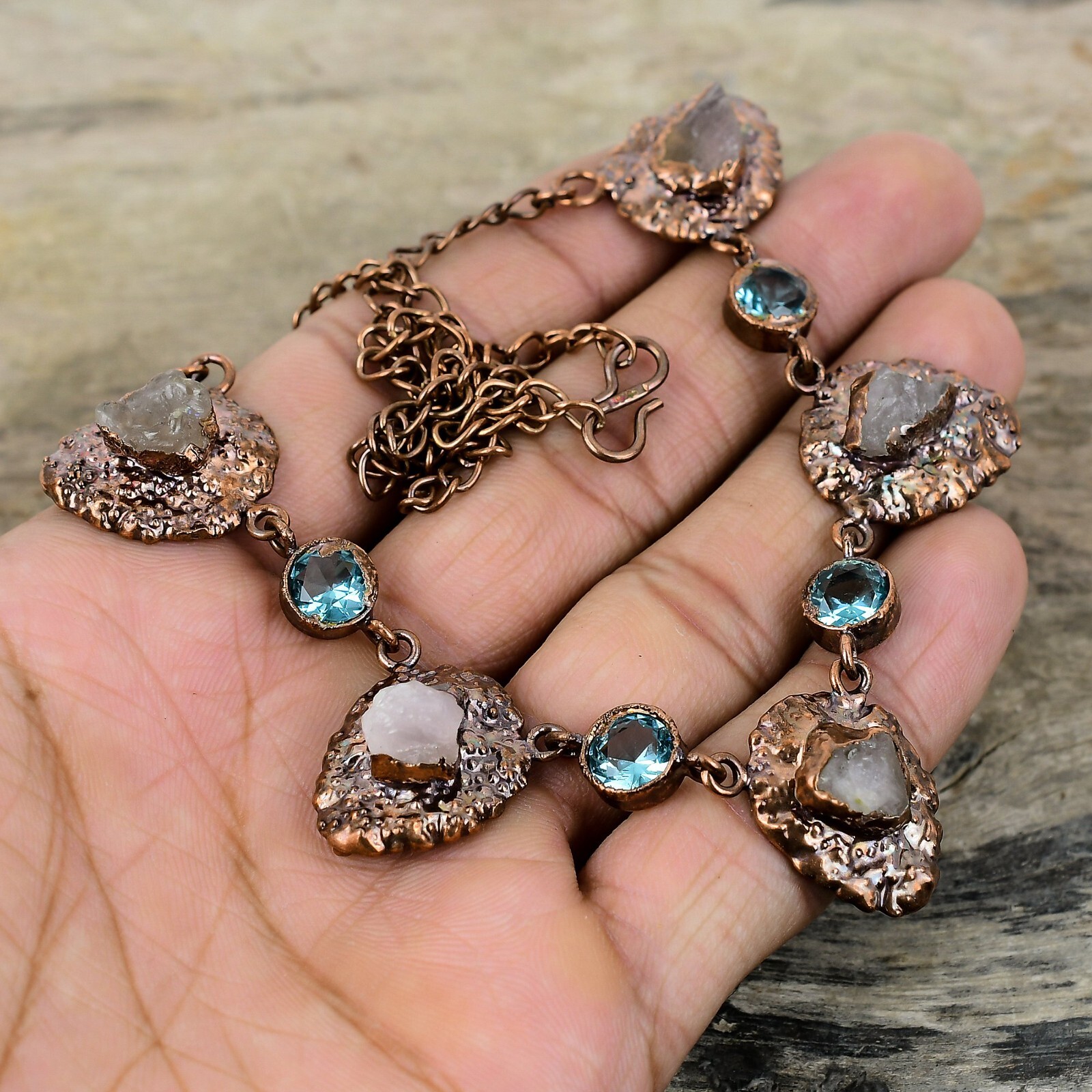 Rose Quartz Rough Copper Gift Electroformed Chain Adjustable Necklace 18.0″
