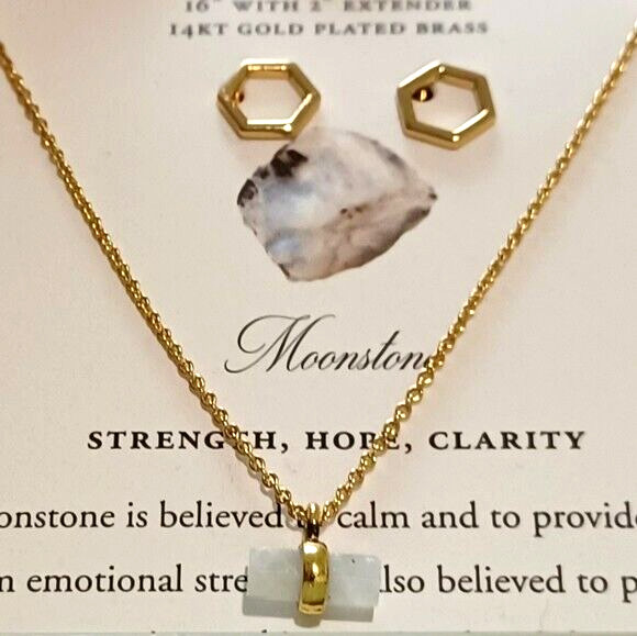 Luna Norte Necklace Stud Earrings Set Moonstone Pendant/Hexagon 14K Gold-Plated