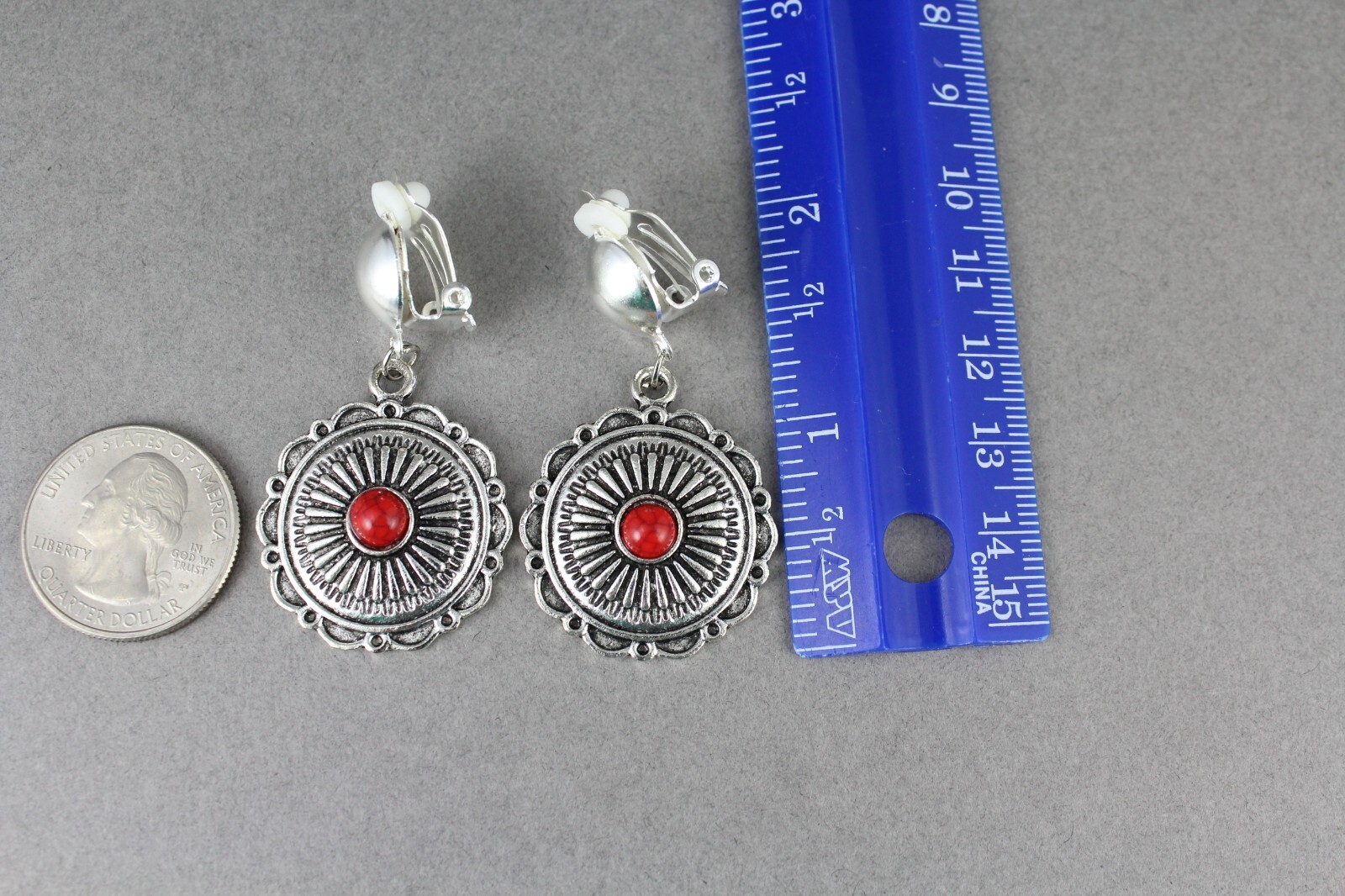 Silver Clip On earrings round medallion pendant clips lightweight 1 7/8″ long