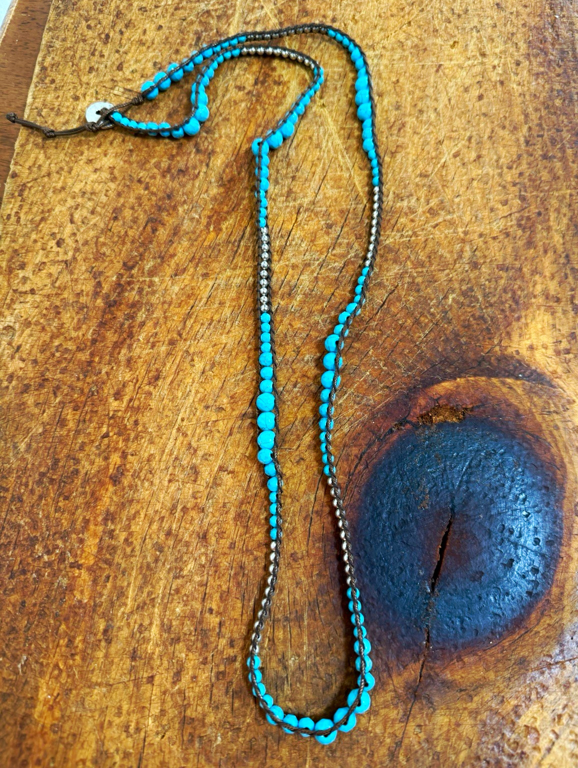 Blue Turquoise Round Beaded Rope Necklace Adjustable No Clasp Bohemian Theme