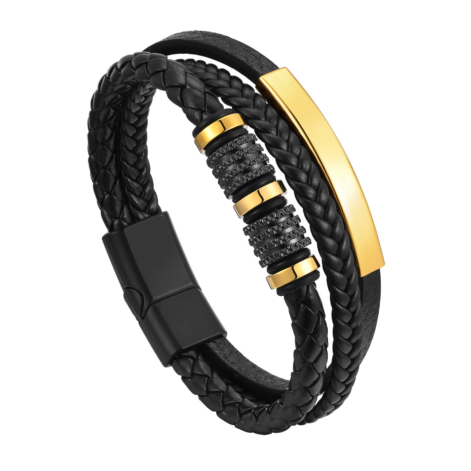 Custom PU Leather Bracelets for Men Boy,Stainless Steel Personalized Bangle