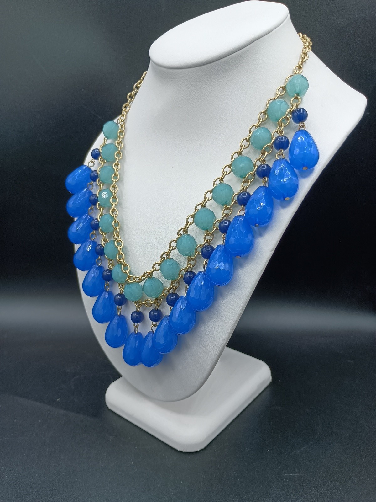 Blue Beaded Bib Necklace Faceted Dangle Gold Tone Chain 18″ Adjustable