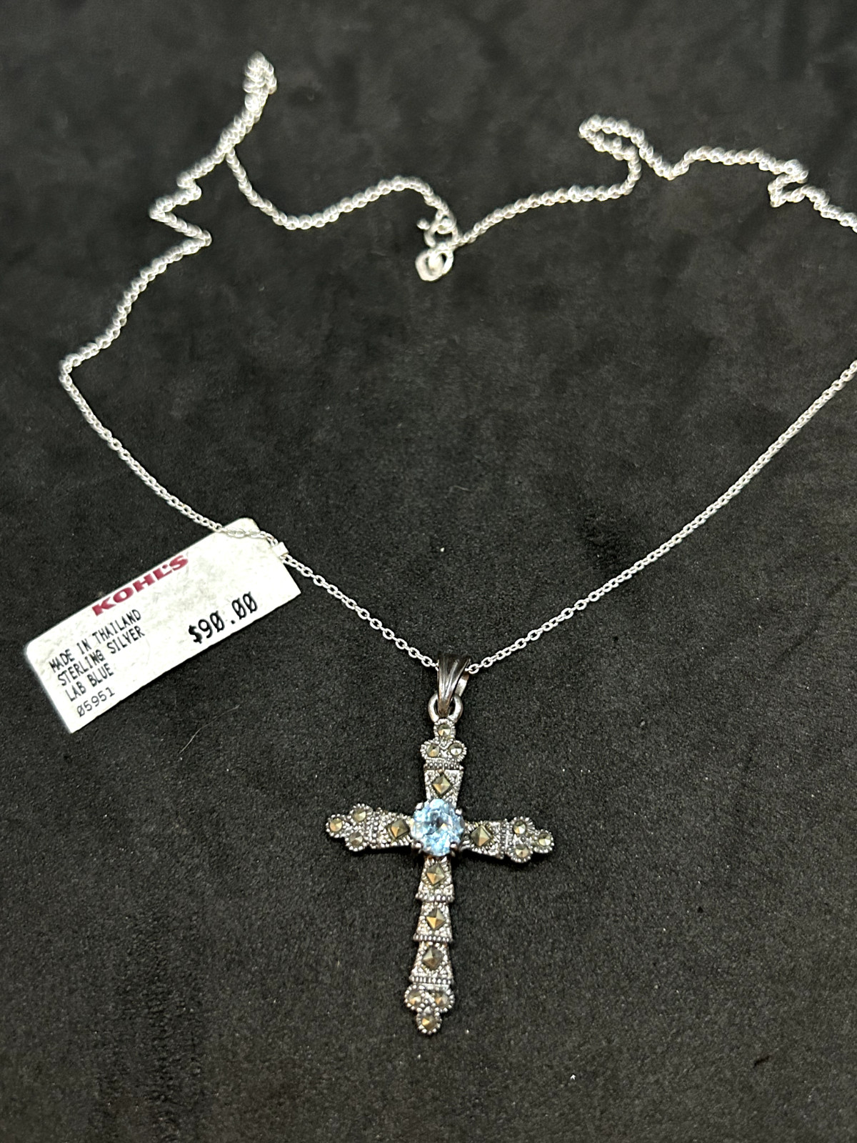 925 Blue Lab Diamond Marcasite 1.5in Cross 0.5mm Necklace 18in – 6.07g